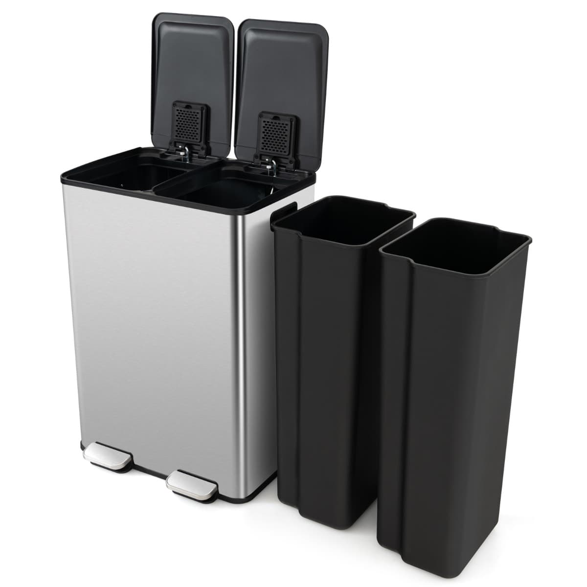 CostwayPoubelle Double Compartiments 2 x 30L Poubelle Tri Selectif en Acier Inox Anti-Empreintes 2 Seaux Intérieurs en Plastique Argent